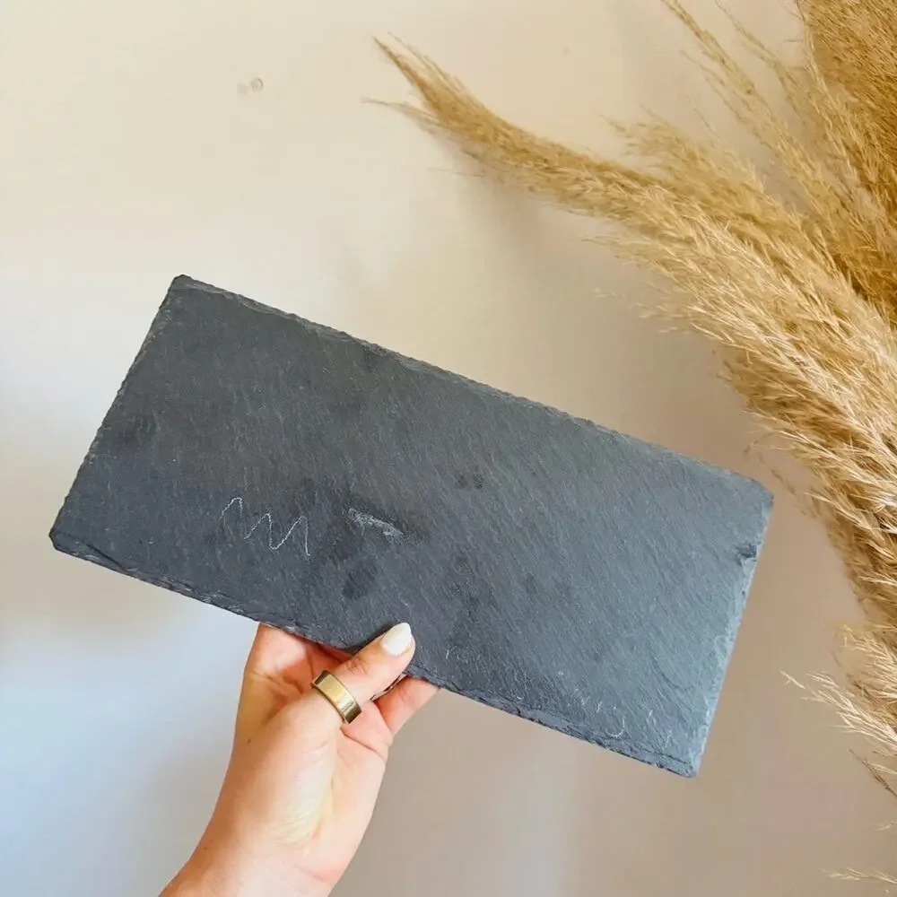 NEW CRATE & BARREL Black Slate Cheese Board White Soapstone Chalk Pencil 12x5